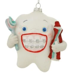 Tooth With Braces And Toothbrush Glass Ornament