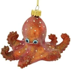 Octopus Orange With White Glitter Spots Glass Ornament