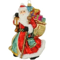 St. Nick With Staff And Bag Of Gifts Glass Ornament