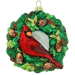 Cardinal In Wreath Glass Ornament