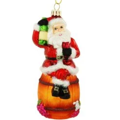 Santa On Wine Barrel 5.5 Inch Glass Ornament