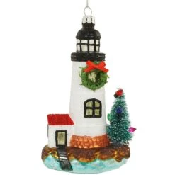 Lighthouse With Tree 5 Inch Glass Ornament