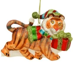 Tiger With Gift Package Glass/Resin Ornament