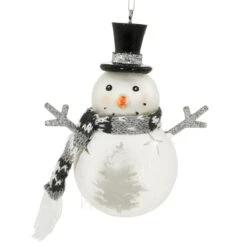 Snowman With Scarf And Tree Glass Ornament