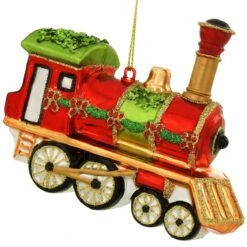 Train, Red, Gold, Green 3.75 Inch Glass Ornament