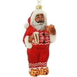 African American Santa In PJ's And Slippers 6 Inch Glass Ornament