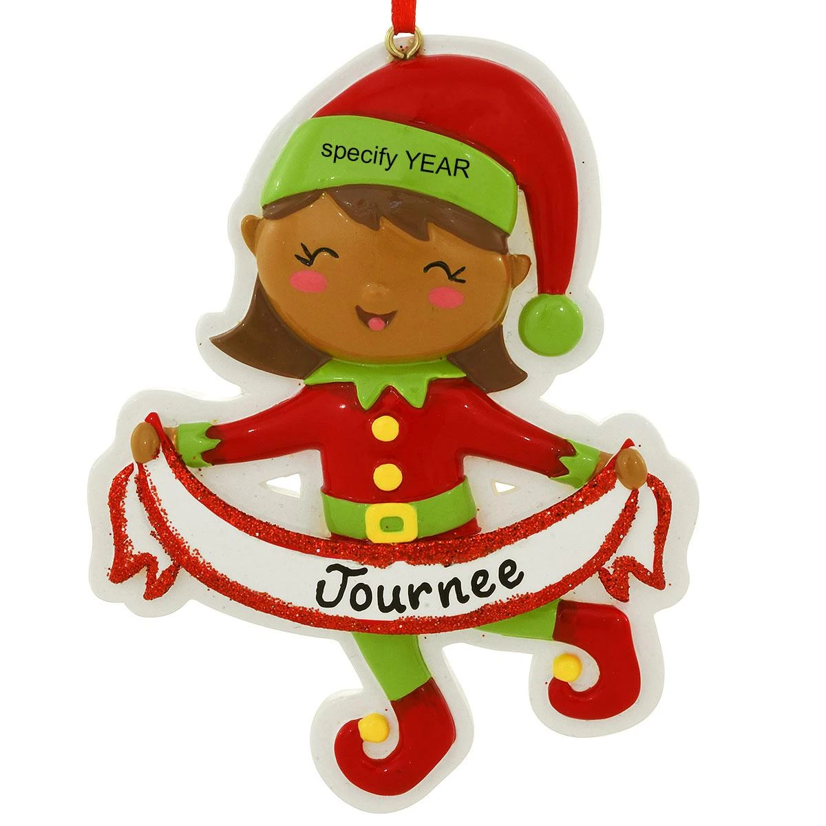 Personalized African American Girl Elf With Banner Ornament 3 Personalized African American Girl Elf With Banner Ornament