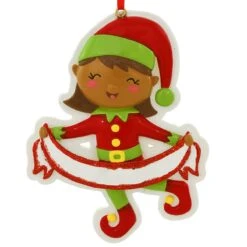 Personalized African American Girl Elf With Banner Ornament 5 Personalized African American Girl Elf With Banner Ornament -Holiday Decoration Store 1270695 web 2
