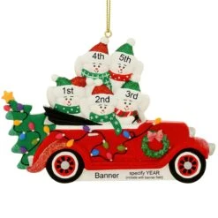Personalized Snow Family Of 5 In Antique Car Ornament